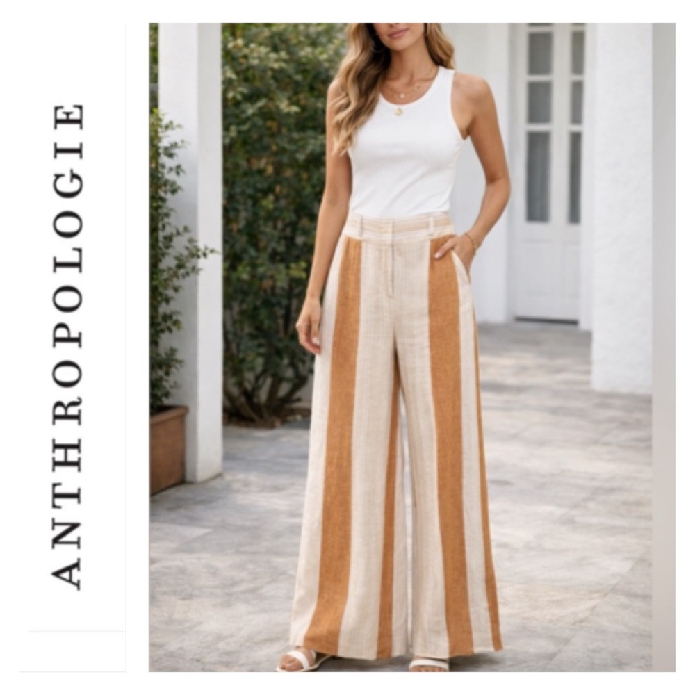 Ett:twa by Anthropologie Linen Wide Leg Striped Pants Neutral Orange Cream Sz 6